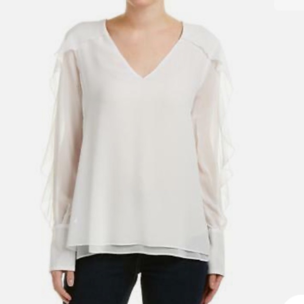 BCBGMAXAZRIA Cream Gael V-neck Ruffle Top, Blouse New! - Picture 3 of 11